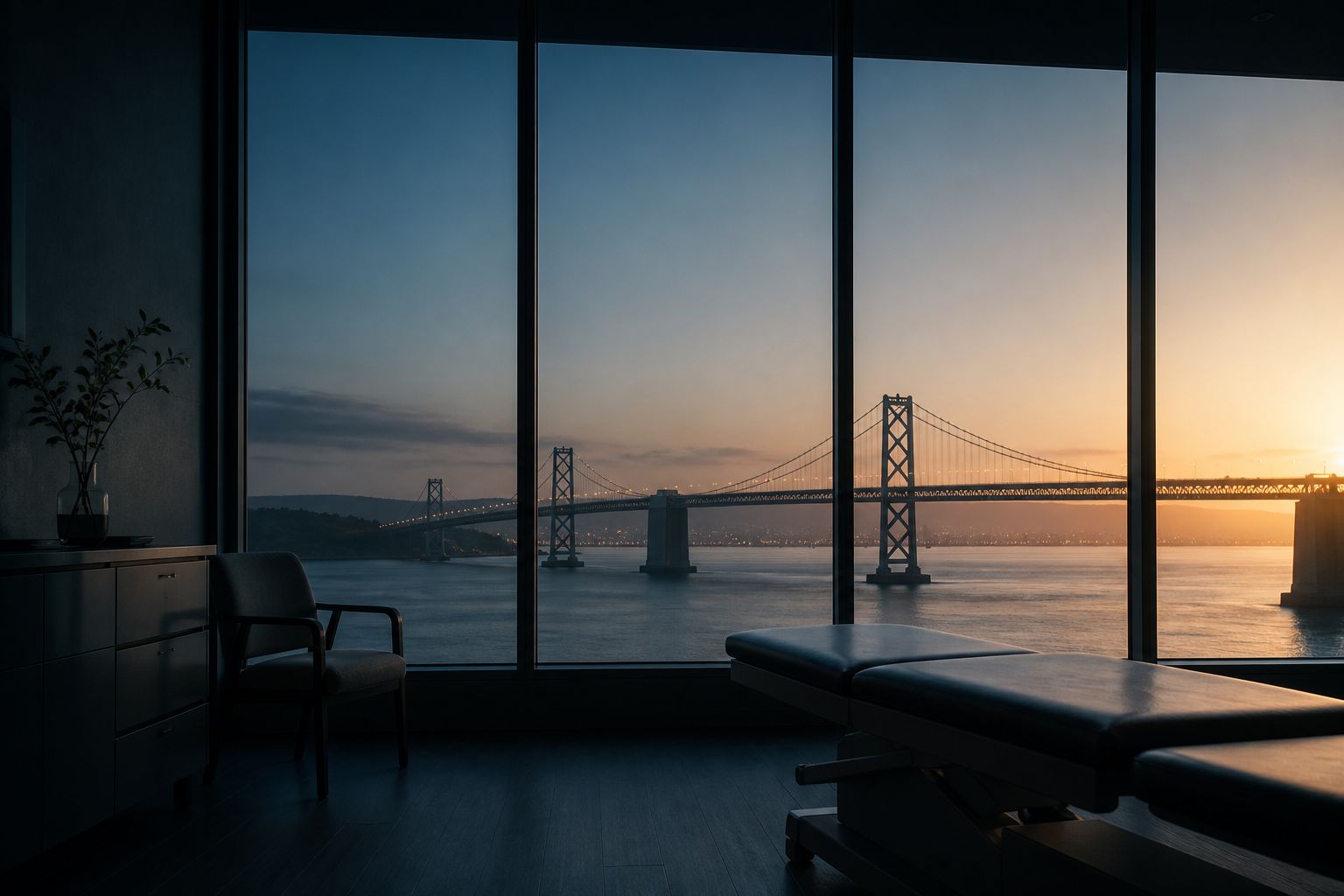 A bridge at dawn seen from a quiet clinic room